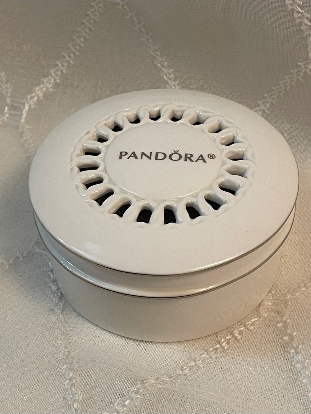 Pandora White Ceramic Jewelry Trinket Box with Bracelet Storage Foam